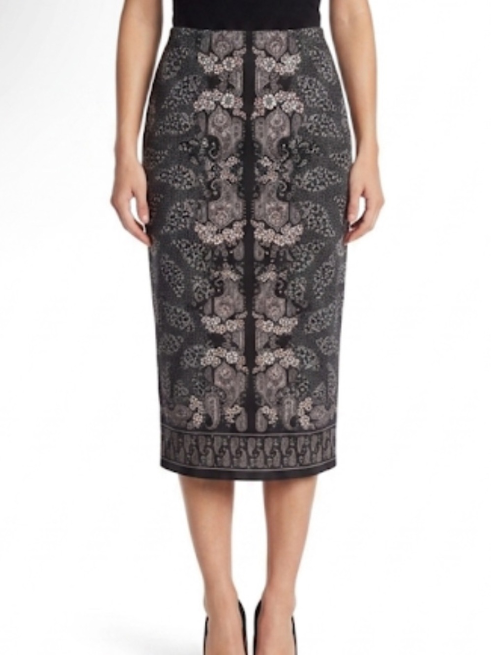 Max Studio Paisley Kaleidoscopic Pencil Midi Skirt Gray Black XS Ornate